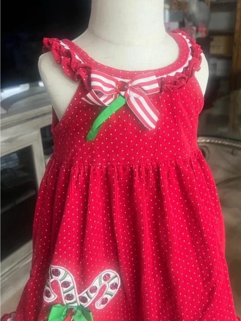 Rare Editions Red Polka Dot Dress with Striped Bow and Candy Cane Applique